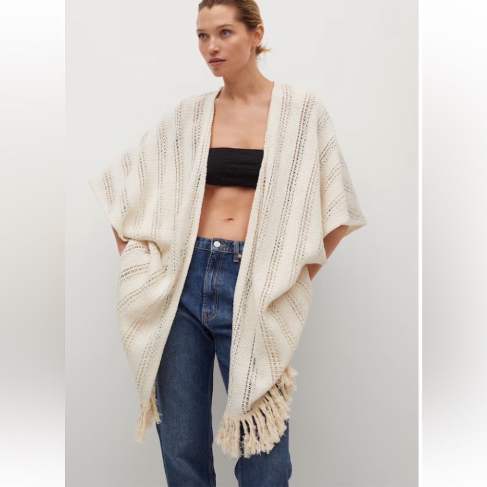 Mango long openwork kaftan kimono crocheted beach cover-up.